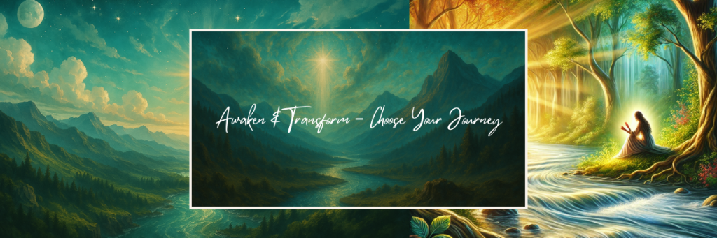 A spiritual woman sits by a glowing river in a radiant forest, surrounded by mountains and divine light symbolizing awakening, alignment, and divine transformation.