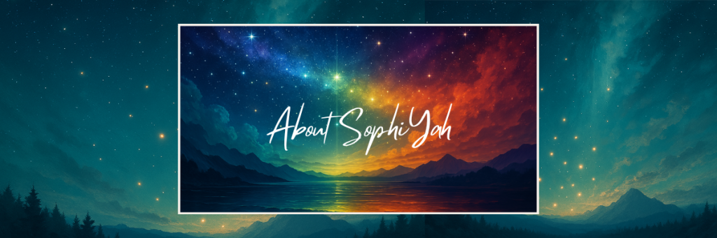 About SophiYah banner featuring a radiant cosmic sky over serene mountains and a reflective ocean, symbolizing divine wisdom, spiritual insight, and inner light.