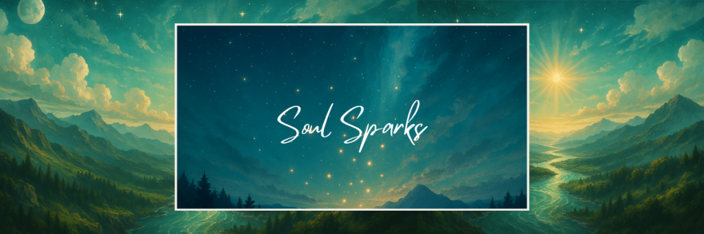 Soul Sparks banner showing a glowing starry night sky over serene mountains and rivers, symbolizing divine inspiration and spiritual awakening.