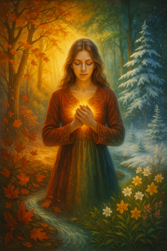 A young woman glows with divine light in the center of a forest where all four seasons—autumn, winter, spring, and summer—converge, symbolizing spiritual growth and inner transformation.