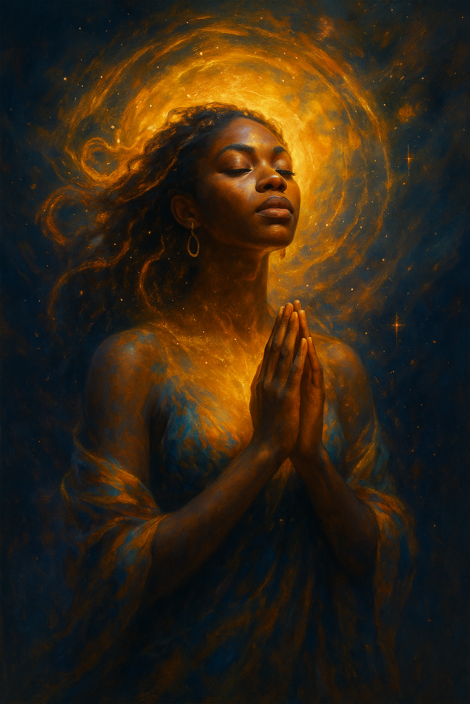 A radiant woman stands in prayer, bathed in golden cosmic light, symbolizing timeless divine energy and inner spiritual power.
