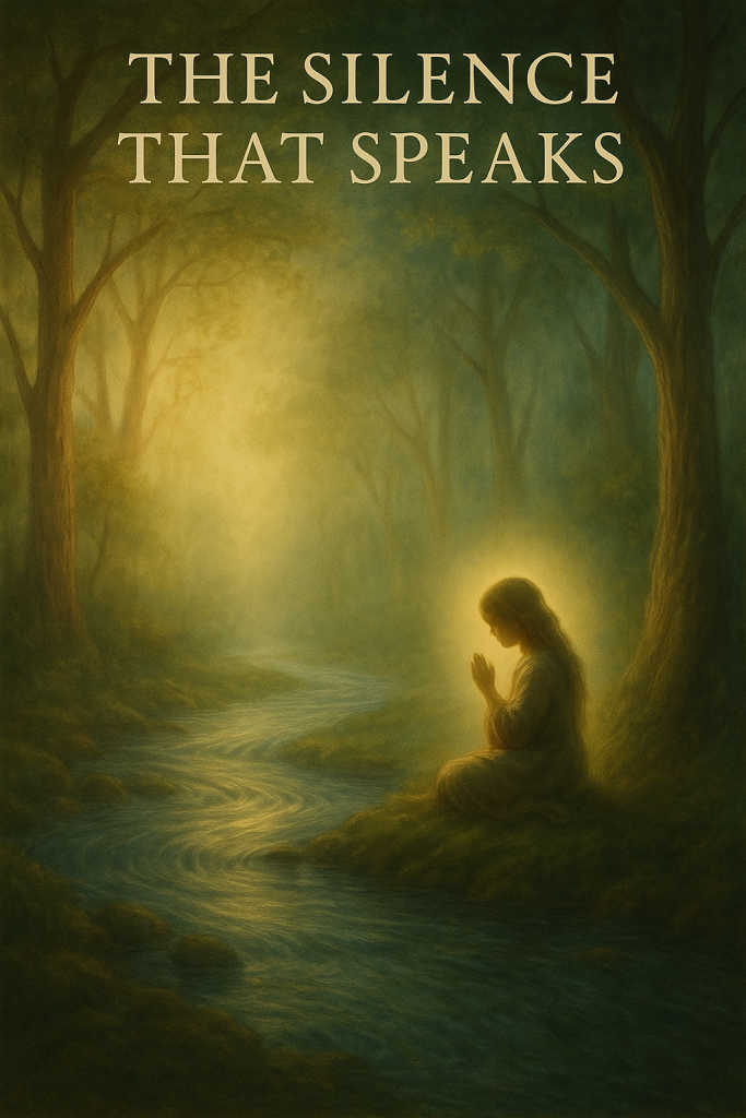 A woman glowing with divine light prays in silence beside a river in a mystical forest, symbolizing spiritual awakening and inner peace.