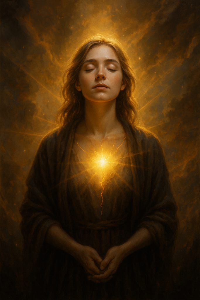 A serene woman with eyes closed radiates golden light from a glowing wound in her chest, symbolizing healing, divine love, and transformation through pain.