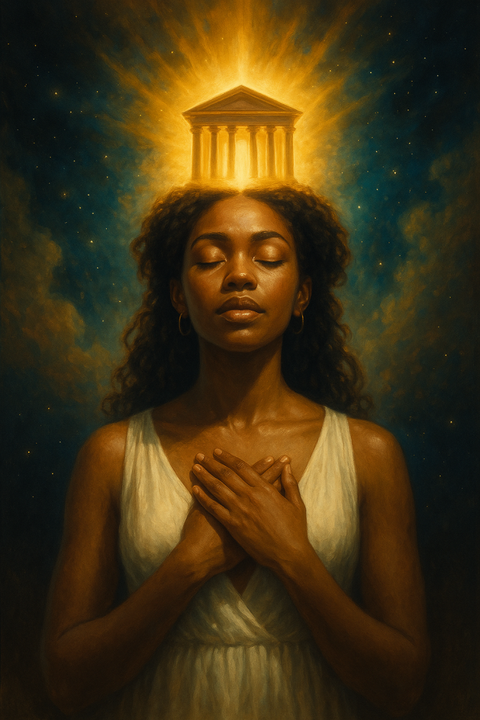 A peaceful woman stands with hands over her heart, eyes closed, as a radiant golden temple hovers above her head, symbolizing sacred identity and divine presence.