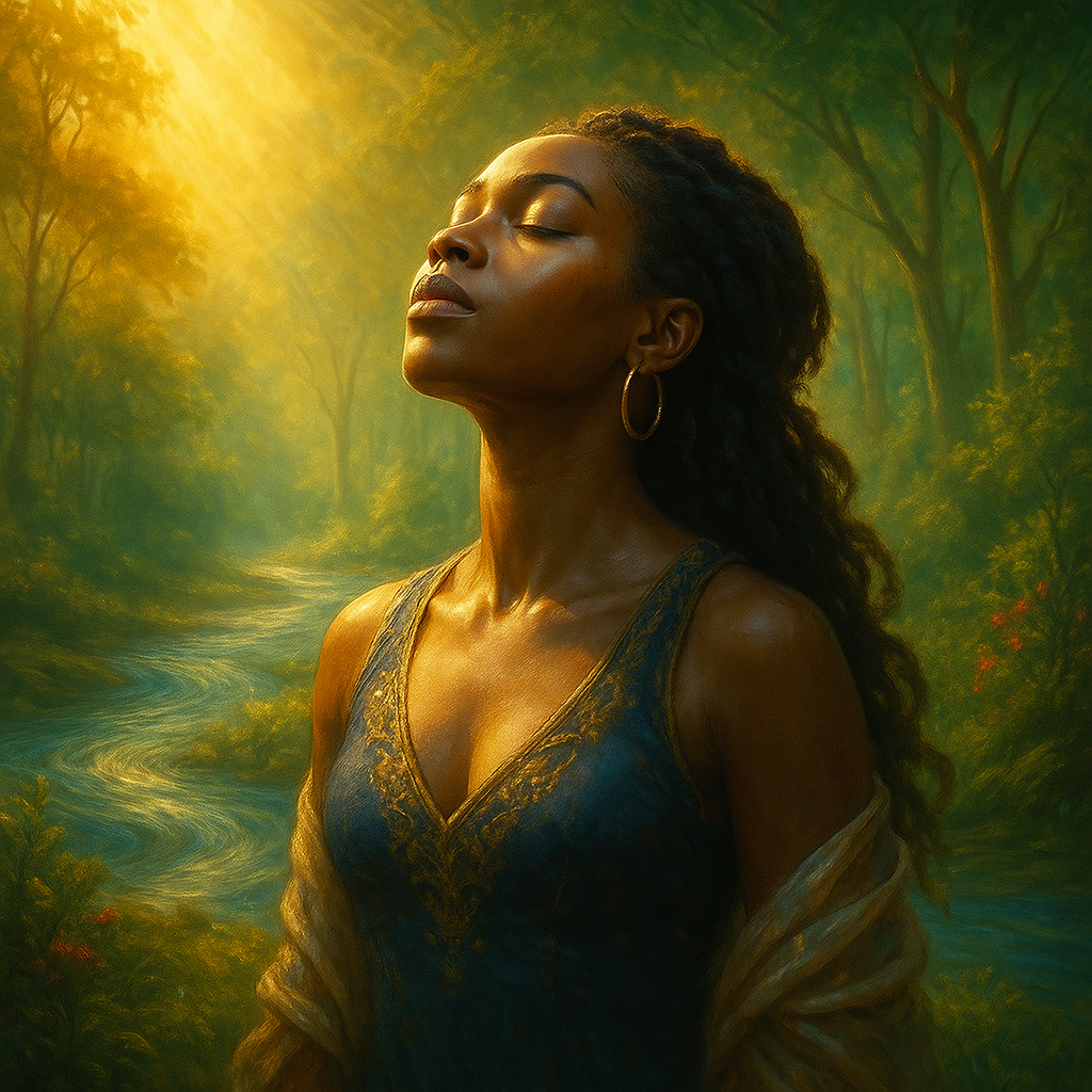 A woman stands peacefully in a sunlit forest with eyes closed and head tilted upward, symbolizing divine presence and the sacredness of each breath.